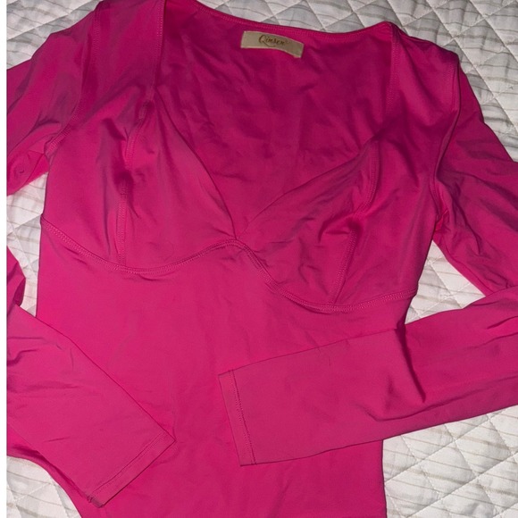 Qinsen Hot Pink Long Sleeve Bodysuit Bustier Corset Style Stretchy Clubwear Sm - Picture 1 of 6